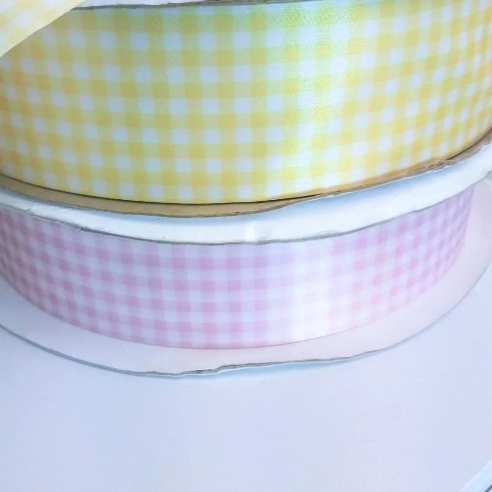 Yellow and Pink Gingham Fabric Satin Ribbon 6 Yards total Easter Crafts